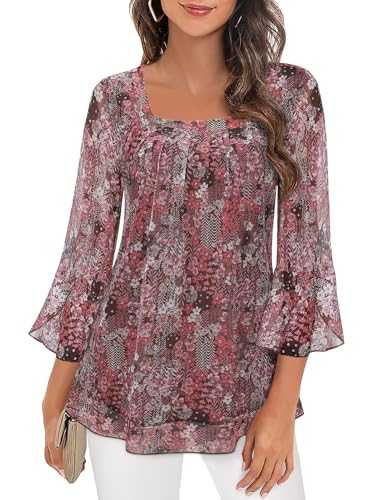 Syphiby Womens Tops Ruffle 3/4 Sleeve Dressy Top Loose Flowy Square Neck Chiffon Tunic Blouses Double Layered Mesh Tshirts M-3XL