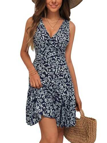 FENSACE Women's Summer Sleeveless Sexy Wrap V Neck Floral Sundress Mini Dress