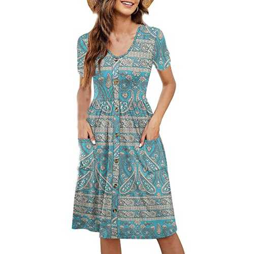 Summer Beach Dresses for Women UK V Neck Short Sleeve Midi Dress Casual Holiday Pockets Sundress Boho Floral Print Dress Ladies Elegant Boho Loose Dresses Flower Swing Dress UK Size S-2XL