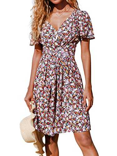 CUPSHE Women Midi Summer Dress V Neck Floral Print Short Sleeves Button Long Elegant Casual Party A-Line Dress