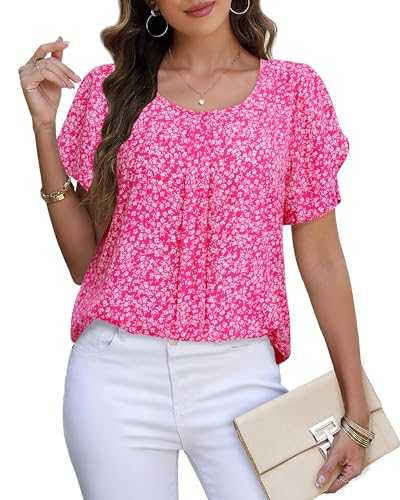 Triratna Chiffon Blouses for Women Business Casual Petal Short Sleeve Office Work Tops Dress Tunic Shirts