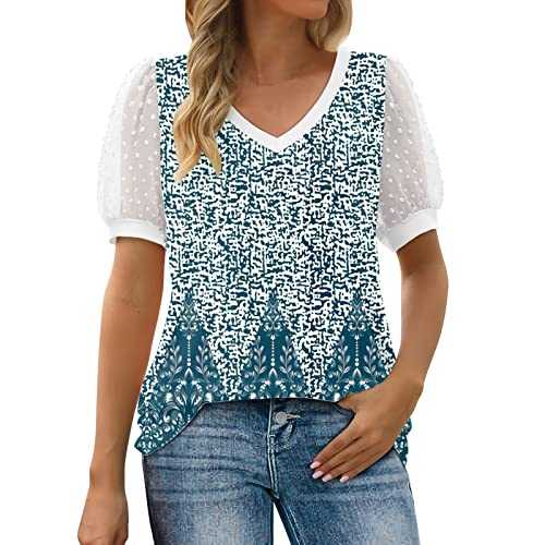 Ydsxlp Summer Tops for Women's Casual Shirts New Puff Chiffon Short Sleeve Tshirt Classic Comfort V Neck T-Shirt Solid Color Tunic Tops Fashion Loose Fit Work for Ladies Tee Top