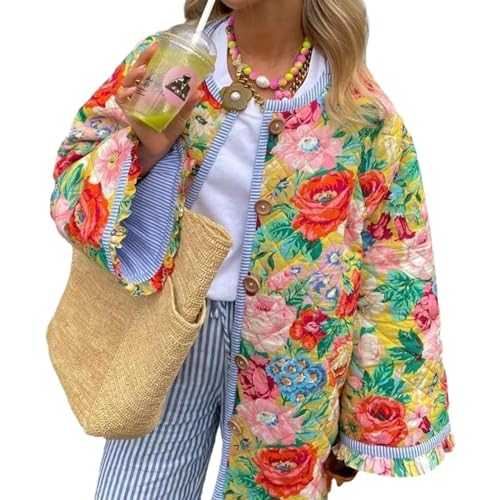 YILKOO Women's Cropped Puffer Jacket Winter Vintage Floral Print Open Front Jacket Short Lightweight Quilted Jacket