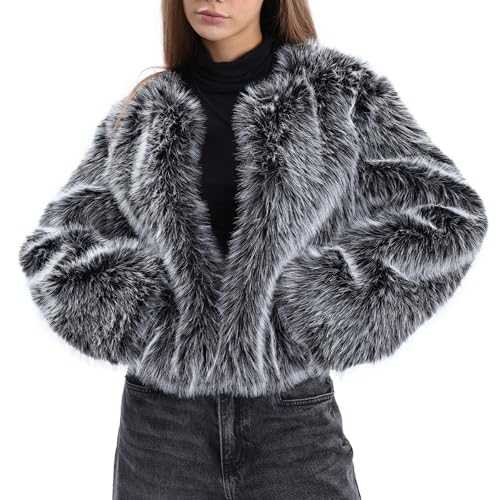 Amazhiyu Womens Faux Fur Coat with Pockets, Winter Long Sleeve Jacket Crew Neck Open Front Outwear Plush Warm Cardigan