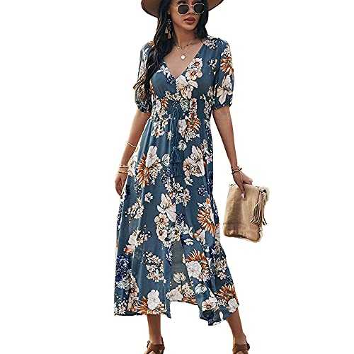 Saiqigui Women's Summer Short Sleeve V-Neck Floral Casual Maxi Long Dress Beach Boho Style