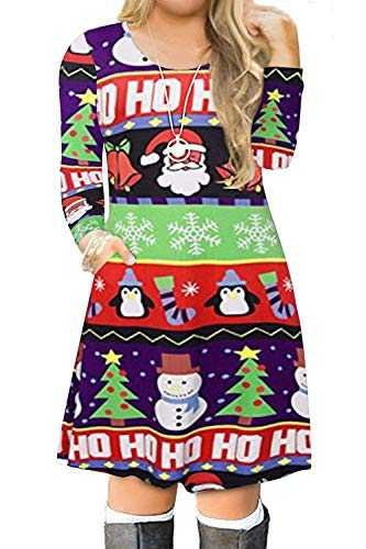 VISLILY Women's Plus Size Christmas Print Casual Swing T-Shirt Dress with Pockets