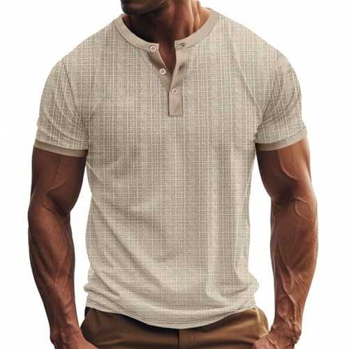 Mens Collarless Shirts Cotton Linen Plus Size Short Sleeve Plain Henley T Shirt Breathable 3 Buttons Grandad Shirt Summer Casual T-Shirt Crewneck Top