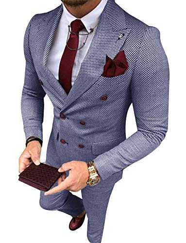 YZHEN Men's Suit Plaid Double Breasted Jacket and Pants