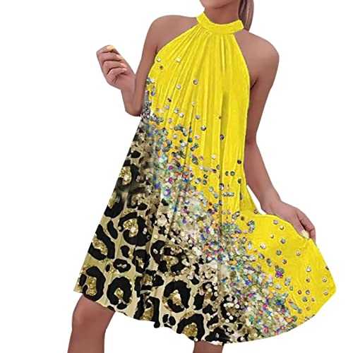 WLHBF Ladies Dresses Size 18 20 Printed One Button Sleeveless Hanging Neck Pleated Dress Plus Size Maxi Dress 2224