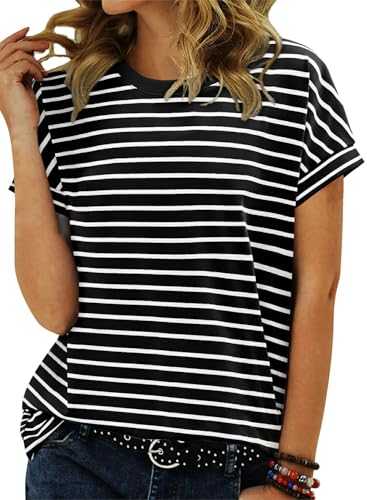 KISSMODA Womens Crew Neck Tops Short Cap Sleeve Tshirts Striped Color Block Tees Ladies Casual Summer Shirts Tunics