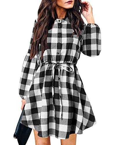 YOINS Womens Plaid Shirt Dress Checked Dresses for Women Long Sleeve Blouse Tartan Tops Mini Dress Plaid Shirt Skirt 2~Black S