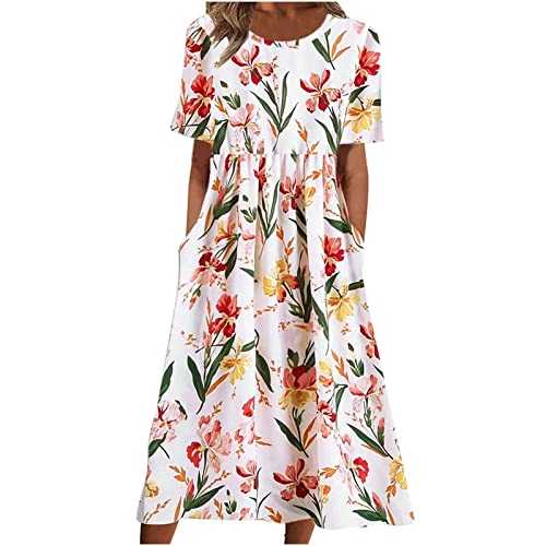 AMhomely Women Dress Casual Sexy Round Neck Printing Summer Short Sleeve Pockets Dress UK Ladies Dress Party Elegant Beach Dress Club Cocktail Work Dresses Evening Gowns Red, XXL