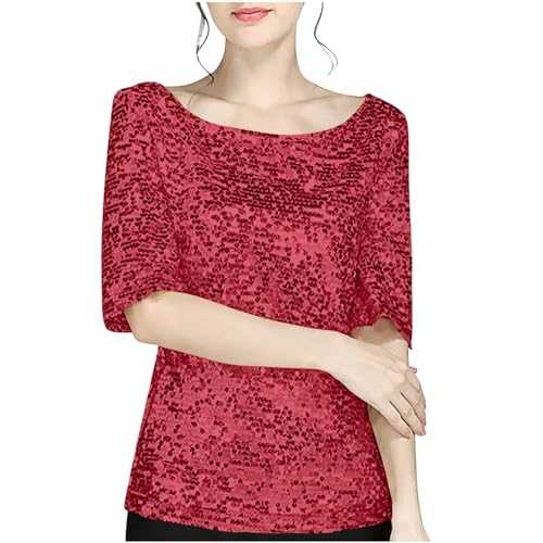 Sparkly Tops for Women UK Casual Round Neck Short Sleeve T-Shirt Shiny Glitter Sequin Top Dressy Shirt Blouses Ladies Going Out Tunic Tops Loose Summer Tee Shirts for Party S-5XL