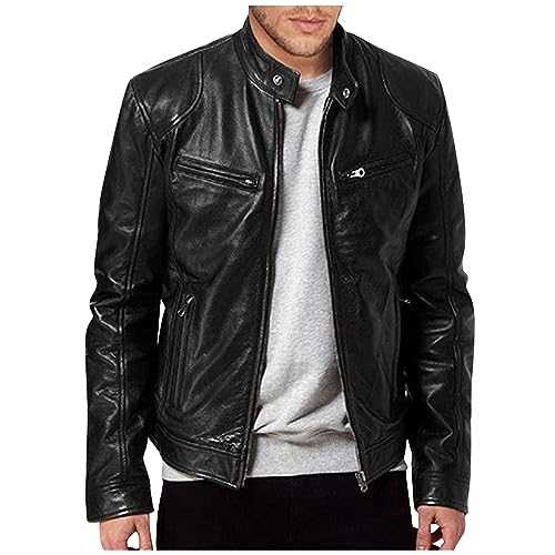 ZHENDEGL Men's Vintage Stand Collar Leather Jacket Motorcycle PU Faux Leather Jacket Fleece Lined Winter Outwear
