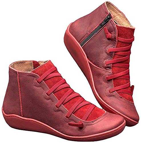 Kinloy Women's Zipper Arch Support Ankle Boots Comfy Flat Heel Waterproof Walking Booties Casual Lace-up Shoes Red Size 5.5 UK