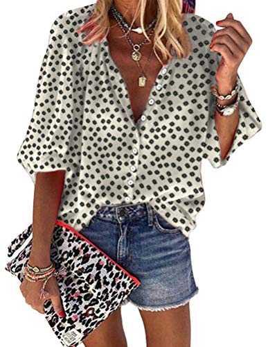 Onsoyours Womens Blouse Long Sleeve Loose T Shirt Solid Color Deep V Neck Shirt Plus Size Fashion Shirts Ethnic Print Polka Dot Buttons Tops