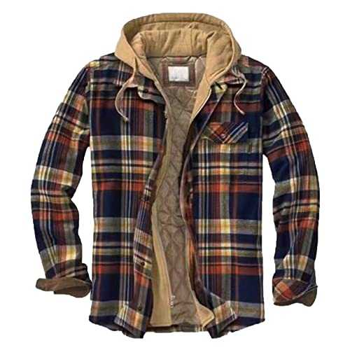 Men's Flannel Shirt Jacket Sale Clearance Quilted Sherpa Lined Winter Coat Hooded Plaid Tartan Check Hoodie Jacket Long Sleeve Button Down Outdoor Outwear Lumberjack Jacket UK Size 8-16
