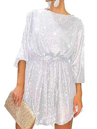 Women Long Sleeve Sequins Glitter Dress Sparkly Party Loose Fit Shift Mini Short Dress Elegant Evening Cocktail Dress