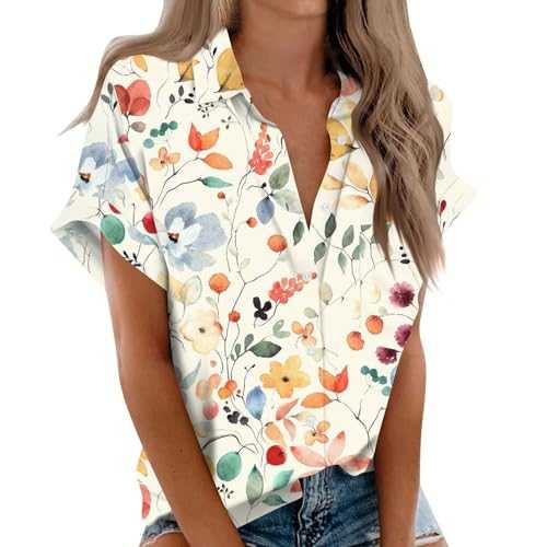 Cocila Womens V Neck Tops Puff Short Sleeve T-Shirt Pleated Floral Printed Tunic Blouse Shirts Casual Button Up Shirts Summer Elegant Tunic Business Work Outlet