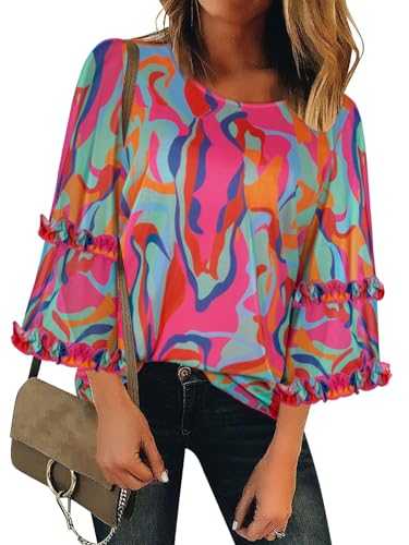 SeSe Code Ruffle 3/4 Sleeve Blouses for Women Dressy Casual Flowy Loose Fit Tunic Tops Work Stretchy Mesh Shirt Wrinkle Free