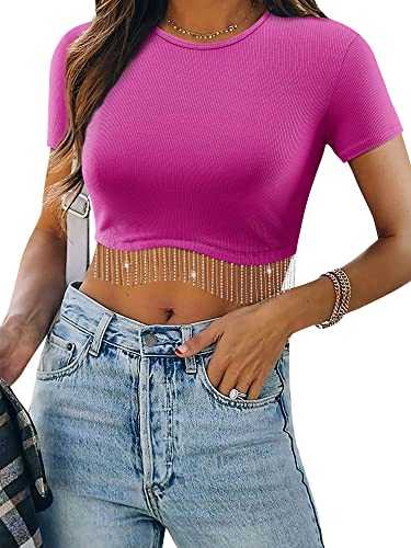 Womens Nashville Sparkly Rhinestone Fringe Sleeveless Crop Tops Y2K Raceback Ribbed Cropped Tank Tops with Glitter Tassel