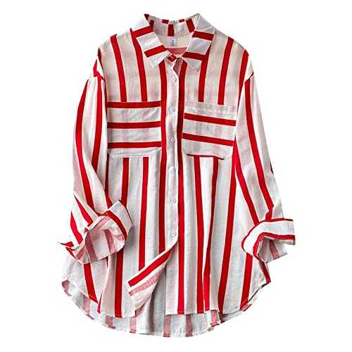 Women's Tops Casual Loose Vertical Stripe Lapel Single-Breasted Multi Button Shirt Cotton Blouses, S-2XL