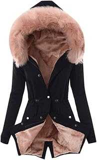Winter Fleece Coats for Women Plus Size Warm Thick Long Jacket with Faux Fur Hood Casual Solid Color Loose Zip Up Button Down Parka Outwear
