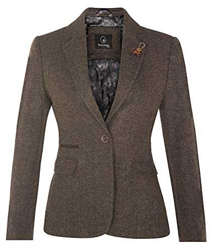 Tru Clothing Women's Tweed Brown Herringbone Classic 1920s Formal Wool Tailored Blazer with Elbow Patches 20