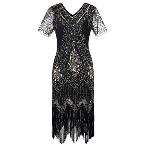 JaosWish Gatsby 1920s Flapper Dress Women Vintage Sequin Fringe Beaded Art Deco Fancy Dress with Sleeve for Party Prom