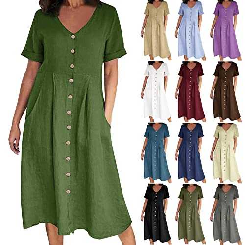 Women's Cotton Linen Dresses UK Clearance V-Neck Short Sleeves Dress Shirt Button Dress Ladies Loose Swing Sundress Midi Flowy Skirt Plain Plus Size Skirts Concert Prom Clothes Wedding Guest Outfits