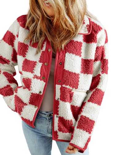 SHEWIN Jackets For Women Causal Sherpa Fall Jacket Loose Button Down Plaid Winter Coats