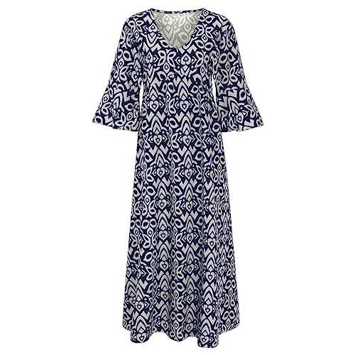 Women Casual Dresses with Pockets Ladies Dress Bohemian Casual Print V Neck High Waist Maxi Dress Dress for Women