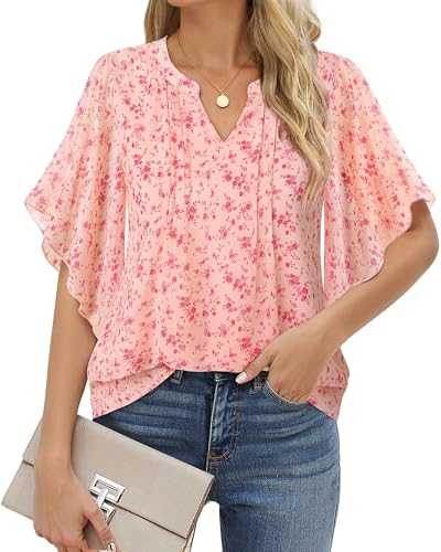 VALOLIA Womens Blouses Dressy Casual V Neck Chiffon Ruffle Short Sleeve Shirts Double Layers Tops