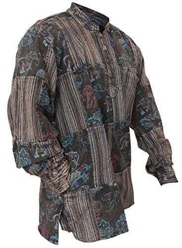 SHOPOHOLIC FASHION Stonewashed Printed Patch Hippy Shirts for Men, Long Sleeve Cotton Grandad Shirt