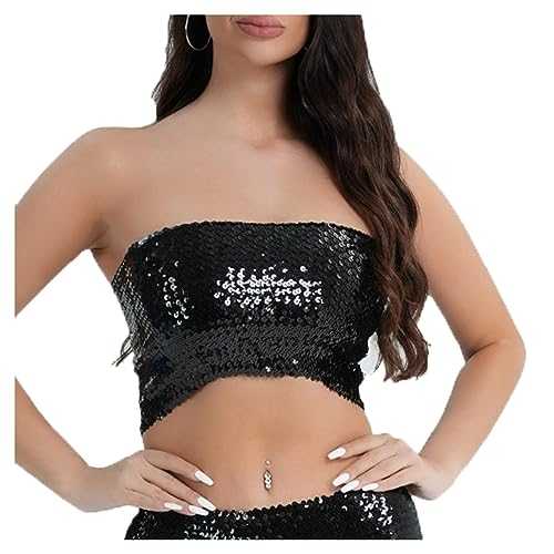 Faxianther Women Sparkly Sequins Tube Top Classic Strapless Rave Camisole Tank Top Dance Music Festival Crop Top Clubwear