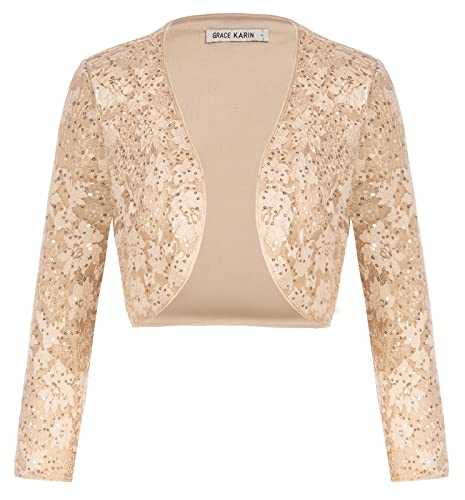 GRACE KARIN Women Sparkle Glitter Sequin Lace Shrug 3/4 Sleeve Cardigan Vintage Sequined Bolero