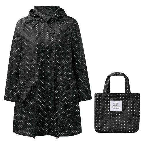 Packaway Waterproof Jacket Clearance Womens Raincoat with Hood Long Poncho Adult Reusable Package Drawstring Trench Coats Long Polka Dots Print Casual Rainproof Windproof Jacket Pocket Windbreak
