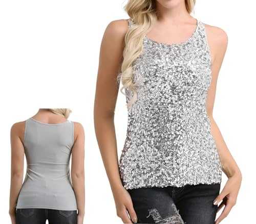Women Sequin Tank Top, Sleeveless Sparkle Shimmer Vest Tops, 1920s Sparkly Sequin Top Glitter Rave Party Vest Tank Tops, Glitter Crew Neck Blouse T-shirts for Night Club Party Performance Costume