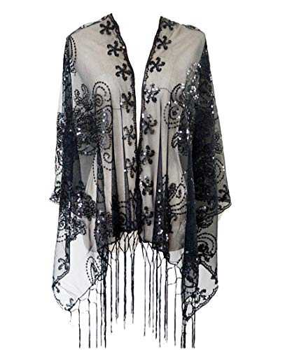 L'VOW Women's Glittering 1920s Scarf Mesh Sequin Wedding Cape Fringed Evening Shawl Wrap