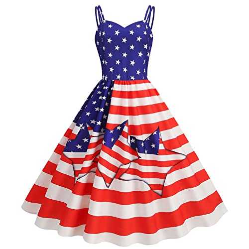 AMDOLE Dresses for Fat Stomach Independence Day Female Summer Sexy Suspender American Flag Print Vintage Large Swing Dress Ladies Sequins Dress