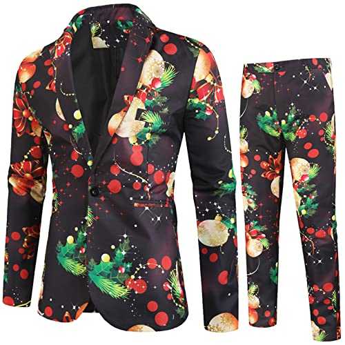 Men Suits Christmas Color Printed Suit 2 Piece Suit Casual Button Fashion Long Sleeve Lapel Coat Long Pants 2 Piece Suit 2 Piece Pants Suits