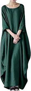 Cotton Linen Dress Maxi Kaftan Dresses for Women UK Plus Size 3/4 Sleeve Long Dress Baggy Casual Summer Shirt Dresses Boho Beach Party Sundress Plain Basic Tunic Dress Office Work