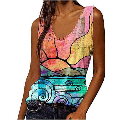 Women Summer Tshirt Tops Fashion Sexy Sleeveless Flower Pirnt Vest U-Neck Printed Tops Tee Vest Blouse Tops Sale Clearance Ladies Sexy Comfy Plus Size Blouses UK Size S-5XL