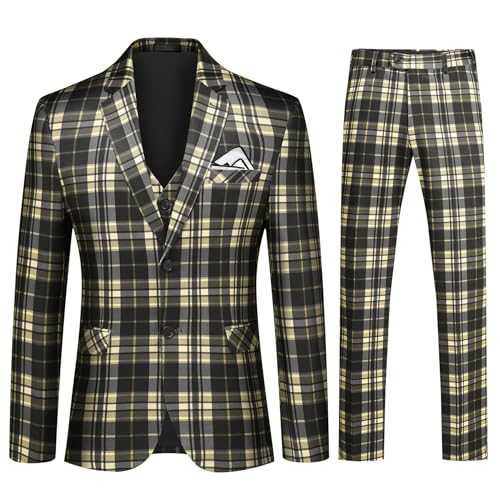 Allthemen Mens Plaid 3 Piece Suits Business 2 Buttons Suits Slim Fit Formal Suit Blazer Waistcoat Trousers