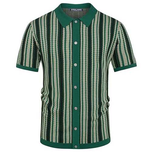 PJ PAUL JONES Men's Polo Shirts Retro Knit Shirt 70s Vintage Striped Shirt Short Sleeve Button Down Clothing