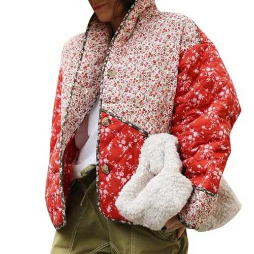 Hoothy-Herren Winter Womens Coat Floral Printed Lightweight Open Front Quilted Coat Womens Mid Length Jackets