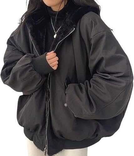 Women's Winter Cropped Jacket Fleece Cropped Parka Cardigan Jacket Loose Reversible Parka With Hood Winter Warm Leisure Outdoor Coat