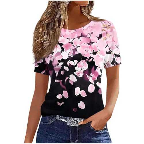 Summer Tops for Women UK Clearance Ladies Tops Sale Promotion Trendy Print Crew Neck Short Sleeve Shirts Flowy Tunic Top Dressy Casual T Shirts Beach Vacation Spring Clothes