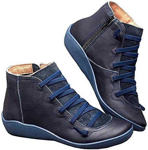 Kinloy Women Comfortable Flat Arch Support Soft Boots Autumn Winter Slip On Short Shoes Waterproof Zipper Leather Booties Blue Size 5.5 UK