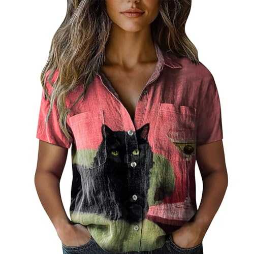 HOOUDO Linen Blouses for Women UK Boho Floral Summer Tops Short Sleeve Ladies Retro Tunic Top Ladies Loose Casual T Shirt Button Down Pullover Shirts